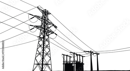 High voltage electricity transmission tower with substation and power lines silhouette, industrial energy infrastructure vector illustration for electric grid, renewable power distribution system