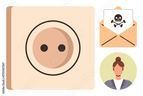 Electrical outlet alongside mail envelope with warning symbol and user icon. Ideal for cybersecurity, harmful email, data protection, digital identity, online threats, phishing awareness, safety