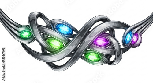 Entwined silver metal with colorful gems necklace jewelry design vector illustration art render concept
