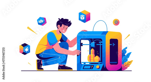 Creative Engineer Working On 3D Printer, Futuristic Fabrication Technology Innovation