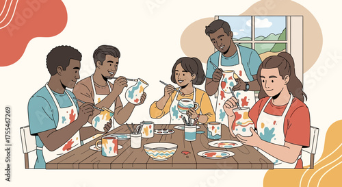 Creative Friends Paint Pottery Together At Home Studio With Art Supplies And Joy