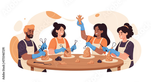 Creative Individuals Sculpting Clay Artwork Around A Table During A Workshop Setting