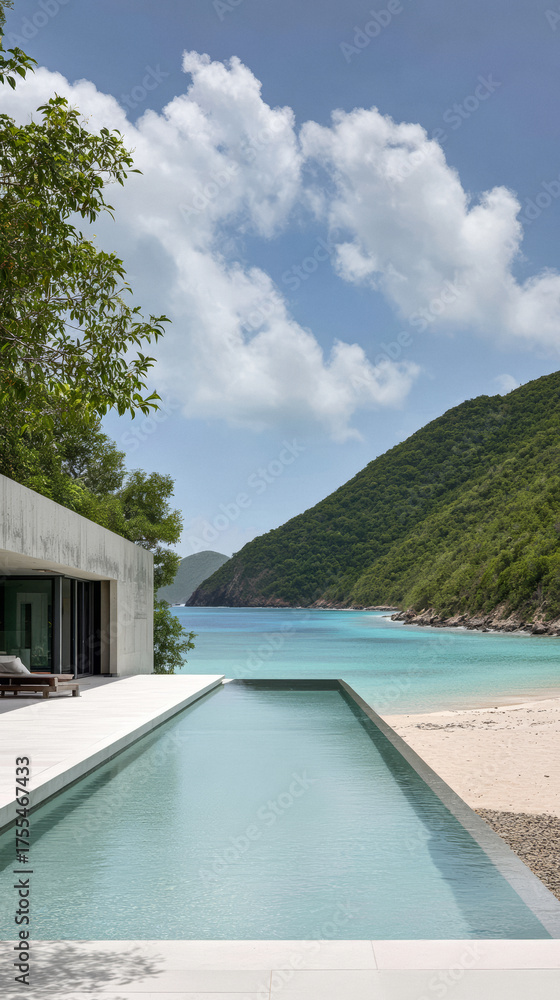 Fototapeta premium Luxury beachside villa with infinity pool overlooking turquoise water and lush mountains in a tropical paradise