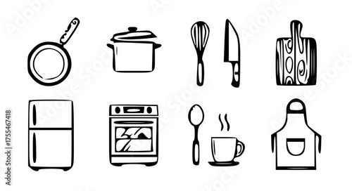 Cooking and Kitchen Icon Set-Design a cooking vector icon pack showing pan, pot, knife, cutting board, whisk, oven, refrigerator, spoon, cup, and apron