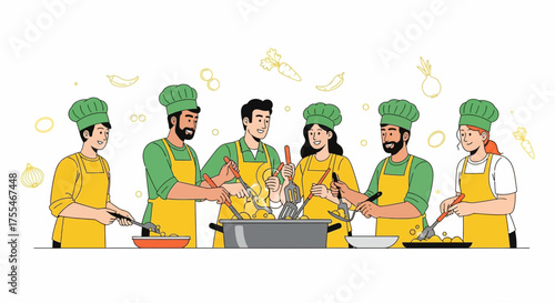 Culinary Crew Crafting Delicious Dishes Together, Smiling and Working