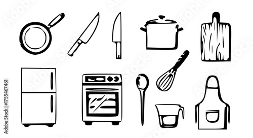 Cooking and Kitchen Icon Set-Design a cooking vector icon pack showing pan, pot, knife, cutting board, whisk, oven, refrigerator, spoon, cup, and apron