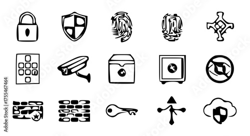 Security and Privacy Icon Collection-concepts like lock, shield, fingerprint, password pad, CCTV, safe box, eye with line, firewall, key, and cloud protection