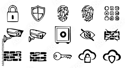 Security and Privacy Icon Collection-concepts like lock, shield, fingerprint, password pad, CCTV, safe box, eye with line, firewall, key, and cloud protection