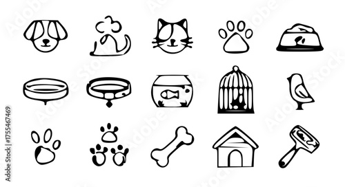 Pet and Animal Care Icon Set-dog, cat, paw print, food bowl, collar, fish tank, bird cage, bone, pet house, and grooming brush