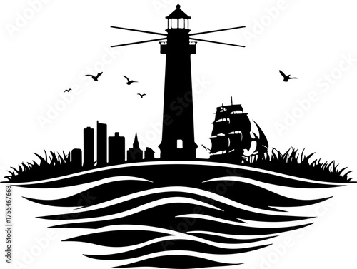 lighthouse silhouette on the sea