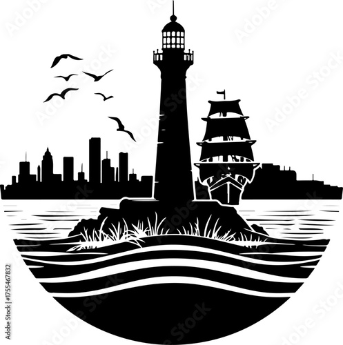 lighthouse silhouette on the sea