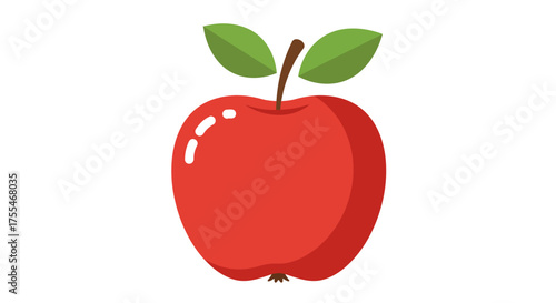A bright red apple with two green leaves and a brown stem.