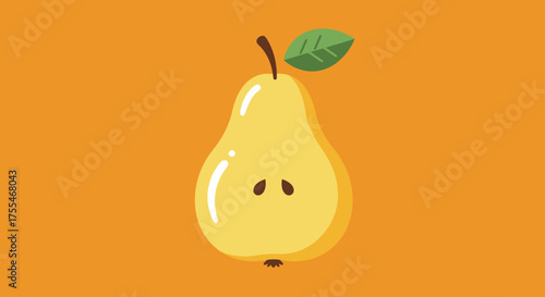 A bright yellow pear with a leaf and stem on an orange background.
