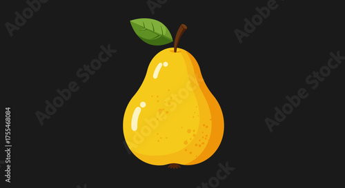 A single ripe yellow pear with a green leaf and stem on a dark background.