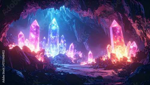 Mystical Underground Cave with Glowing Colorful Crystal Formations.