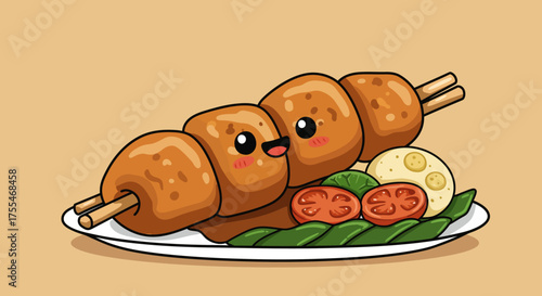 Cute Cartoon Meatballs on Skewers with Vegetables and Sauce.