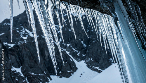 Sharp icicles hanging from a dark rock formation with snow-covered mountains in the background.