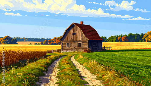 Rustic Barn in a Golden Field Under a Blue Sky with Clouds.