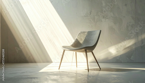 Minimalist Chair in Sunlight Modern Interior Design with Concrete Walls and Floor.