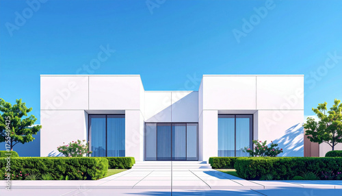 Modern White House with Large Glass Doors and Lush Green Landscaping.