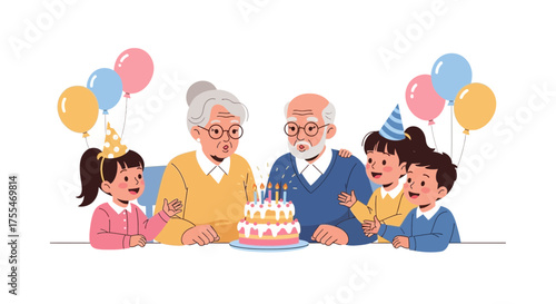 Family Birthday Celebration Featuring Grandparents, Children, Cake, And Party Balloons