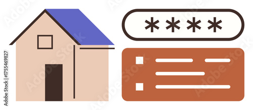 House with a blue roof next to a password entry field and checklist representing secure access, authentication, and data privacy. Ideal for security, technology, privacy, verification, smart home