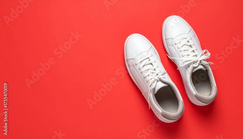 Wallpaper Mural Stylish white sneakers on a vibrant red background top view with copy space. Torontodigital.ca