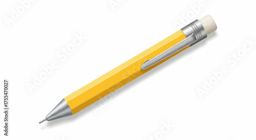 A classic yellow mechanical pencil with a metal clip and eraser, isolated on a clean white background. Realistic render of a school or office supply