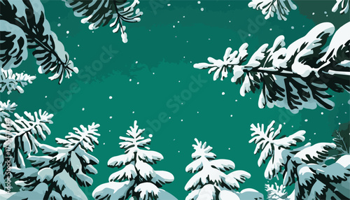 Snow-covered winter forest illustration, green sky, winter solstice