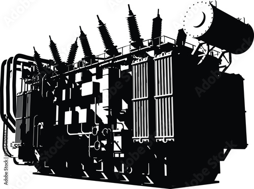High voltage power transformer vector illustration, industrial electrical substation equipment, 