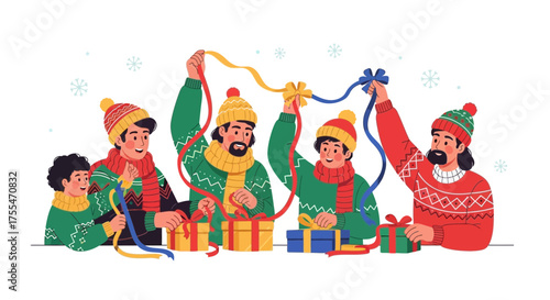 Family Members Embellishing Presents Together During The Winter Holiday Season Celebration