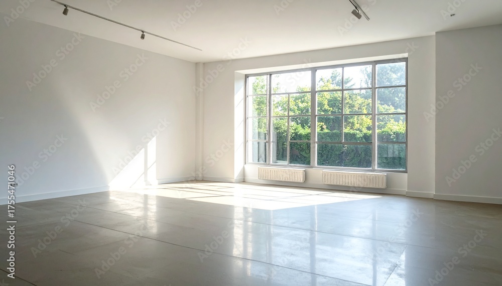 Fototapeta premium Spacious empty room with large window and bright natural sunlight.