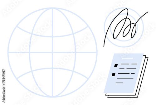 World grid alongside signed documents symbolizing global contract, partnership, or deal. Ideal for international relations, agreements, trade, law, certifications, business legal frameworks simple