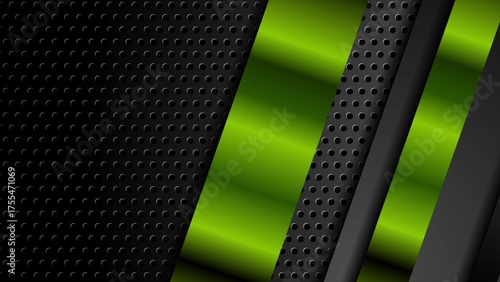Green and black glossy stripes on dark perforated background