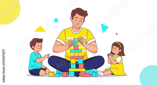 Father And Children Joyfully Constructing Building Blocks Together Smiling With Happiness
