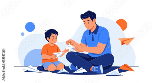 Father And Son Crafting Paper Airplanes Together In A Relaxed And Joyful Activity