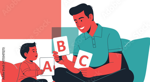 Father And Son Engage In Learning Fun With Alphabet Flashcards Together, Enjoying Education
