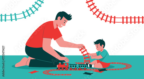 Father And Son Joyfully Playing Together With Toy Train, Building Together a Future