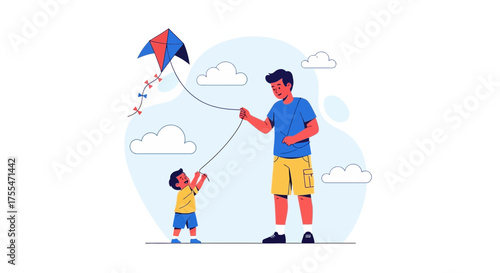 Father And Son Joyfully Fly A Colorful Kite On A Sunny Day Together