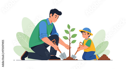 Father And Son Planting A Tree Together Showing Love For Nature And Earth