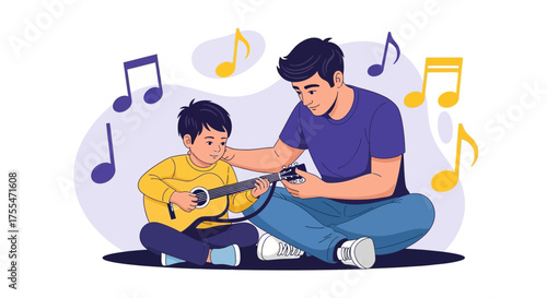 Father Guiding Son Learning Guitar, Musical Notes Floating, Family Moments, Musical Education