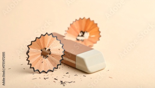 Eraser with wooden pencil shavings on a plain background.