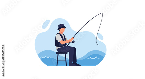 Fisherman In Action: Tranquil Seaside Activity Depicted In Minimalist Vector Illustration