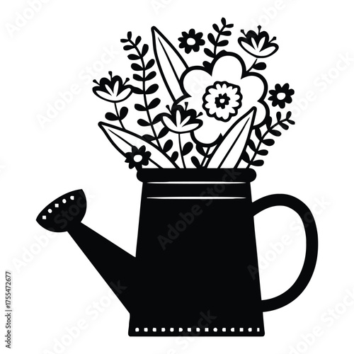 Garden watering can icon silhouette, Watering can silhouette with handle and spout

