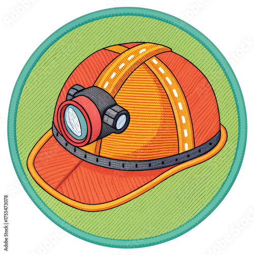 Orange hard hat with light icon, a symbol of occupational safety, construction, mining, and industry, promoting safety awareness and professional work gear