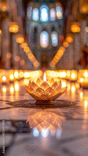 Glowing candle in lotus holder reflects in marble floor