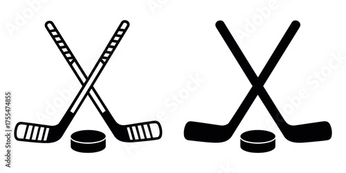 Crossed hockey sticks with puck vector illustration showing black sports symbol for winter game and athletic competition, perfect for team tournament, training design, and ice sport concept art