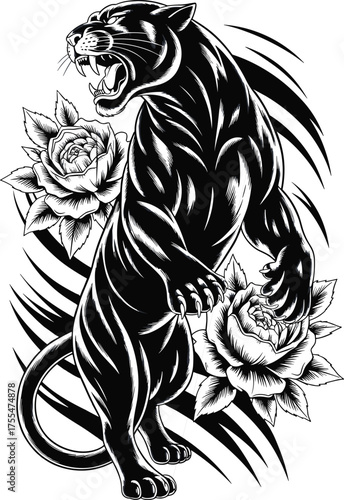Wallpaper Mural Tattoo style illustration of fierce black panther with coiled snake and red roses symbolizing strength, danger, and wild natural beauty Torontodigital.ca