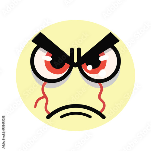 Angry emoticon with red eyes expressing frustration and negative emotions depicted in simple