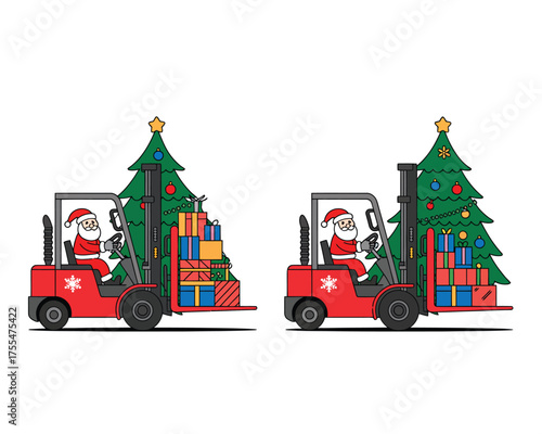 Santa Driving Forklifts with Christmas Trees and Presents